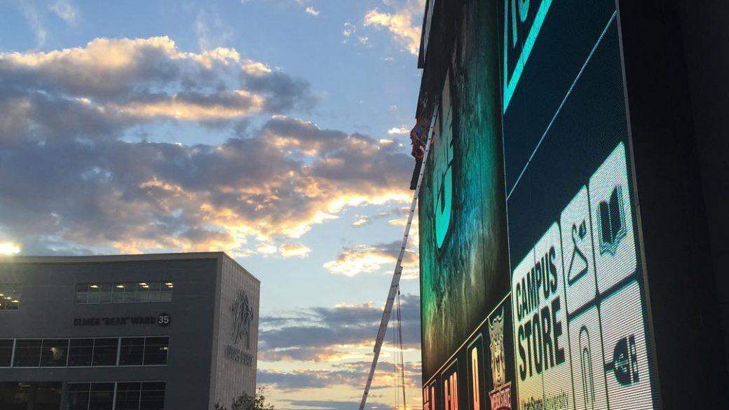 Working on USU’s new electronic outdoor display before tomorrow’s first football game. It’s rush time!  #usuaggies #prismview #samsung