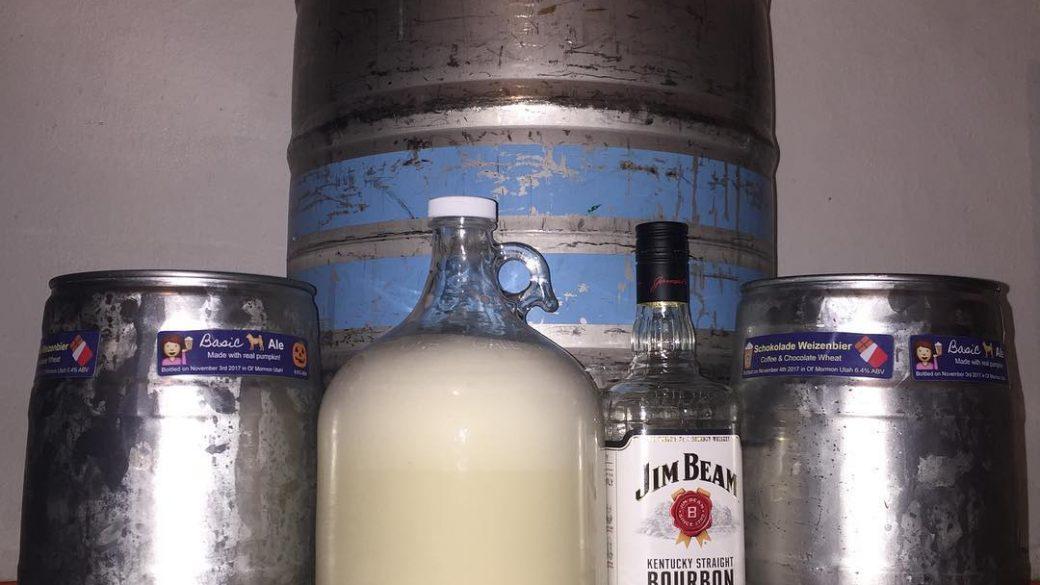 5 liters of chocolate coffee beer, 5 liters of pumpkin spice, 1 gallon of homemade eggnog with bourbon whiskey, and 15.5 gallon of my classic Bavarian wheat. All homebrewed and handcrafted by yours truly 😉